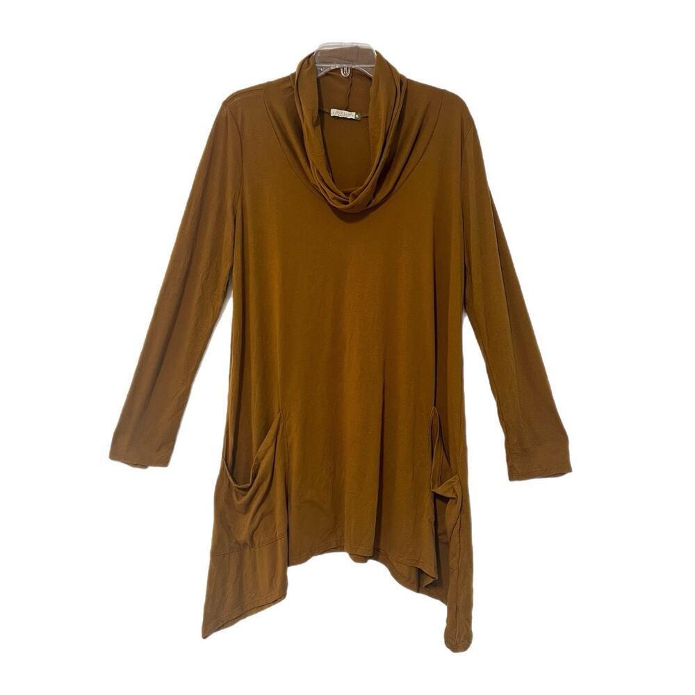 Chalet Tunic Top Size XL Cowl Neck Asymmetric Hem Brown Lagenlook Pockets Soft
